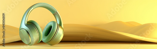 A pair of mint green headphones floats in mid-air above a yellow, undulating background. The headphones are a vibrant contrast to the soft yellow of the background, creating a visually striking image