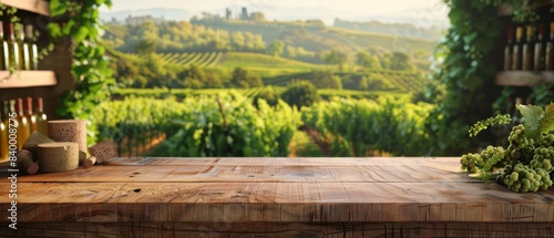 Rustic wooden table overlooking lush vineyard landscape, perfect for wine tasting or countryside retreats.