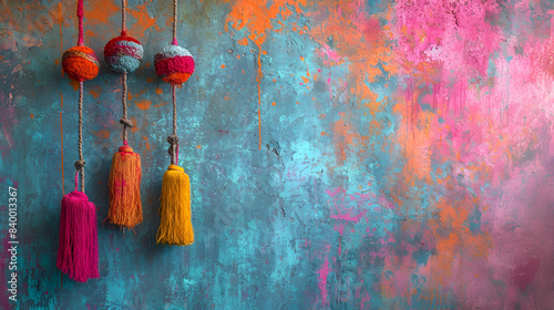 Colorful tassels hanging from a wall, adding vibrancy and charm to the decor.