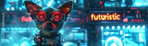 A cute cyberpunk Chihuahua puppy with glowing red eyes wearing goggles and digital collar with futuristic cityscape background