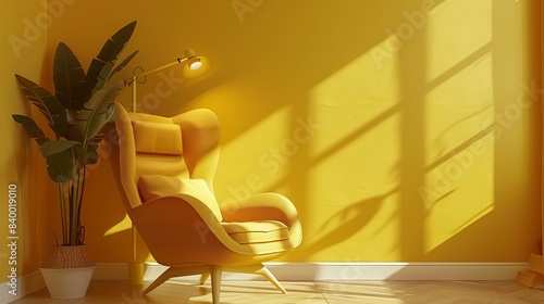  a modern yellow armchair with a lamp and light beam.