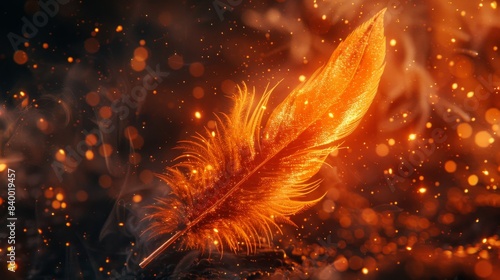 Feather engulfed in vibrant flames, sparkling particles creating a magical and mysterious scene