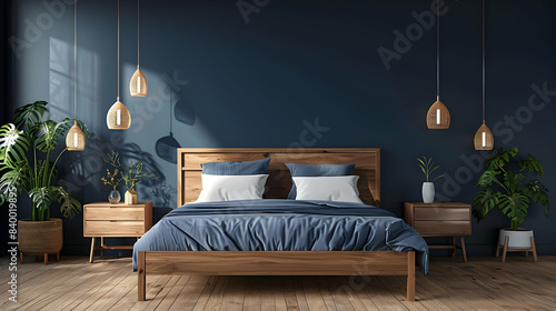 Modern scandinavian interior of Bedroom ,wood bed and bedside table on dark blue wall and wood floor ,3d render