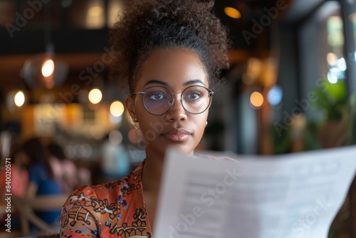 Woman reading paper in eatery