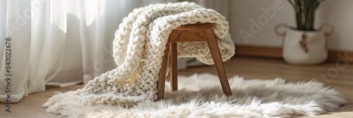 Close-up of a fur rug and a cozy, wooden stool with a white knit blanket