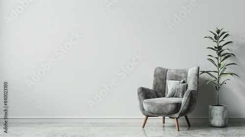 Modern interior design featuring a gray armchair against a blank white wall. 3d rendering 