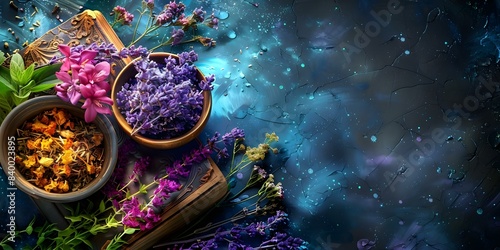 Herbs in a bowl on a spell book creating mystical ambiance. Concept Mystical Setting, Herbcraft, Spell Book, Enchantment, Herbal Magic