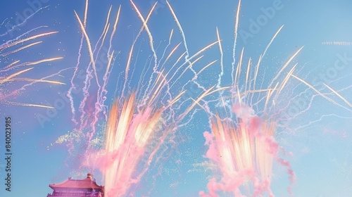 event show above the oriental pearl tower in beijing The Palace Museum, daytime, sunny, the firework is in a shape of light-weighted pinky clouds, overall light pink and purple tone, firework, creativ