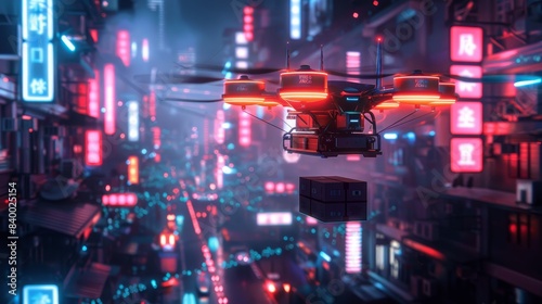A drone is flying over a city street with neon signs in the background. The drone is carrying a box labeled "Air Up." Concept of futuristic technology and urban life