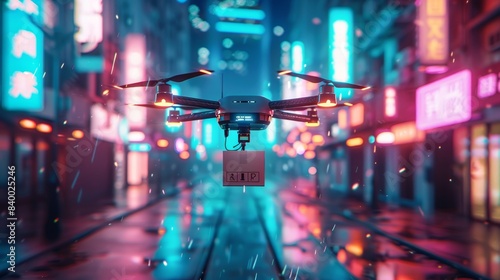 A drone is flying over a city street with neon signs in the background. The drone is carrying a box labeled "Air Up." Concept of futuristic technology and urban life