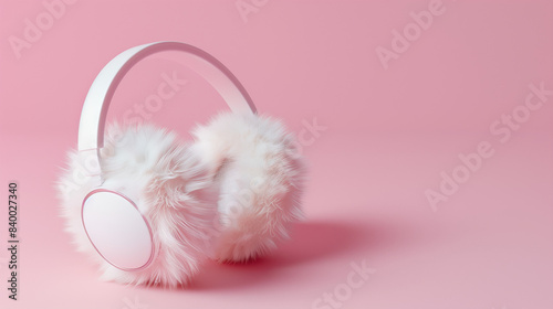 Stylish 3D fur earmuffs on trendy solid backdrop, highlighting luxury and contemporary flair. Ideal for promoting youth culture.