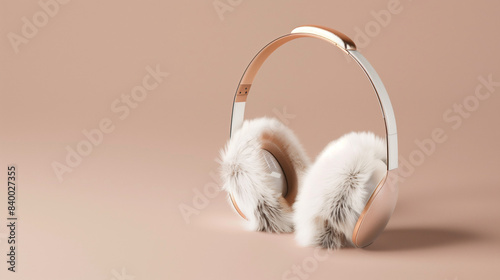 3D fur earmuffs against vibrant background, showcasing luxury and modern design. Great for promoting youth music tech and podcasts.