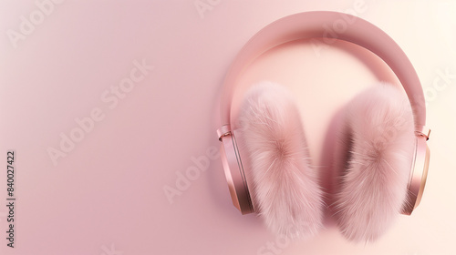 3D fur earmuffs against trendy solid background, showcasing luxury and modern flair. Great for promoting youth-centric music tech.