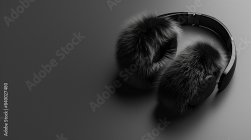 Trendy 3D fur earmuffs against trendy solid background, emphasizing luxury and modernity. Perfect for promoting youth-centric music tech.