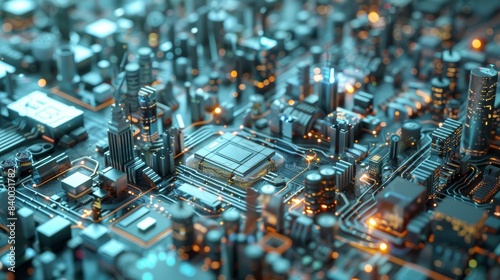 A close-up shot of a smart city's intricate network of sensors, microchips, and antennas, highlighting the invisible infrastructure that powers its connectedness.