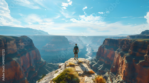 A person standing on a cliff edge overlooking a vast canyon under a blue sky, representing nature and adventure.
