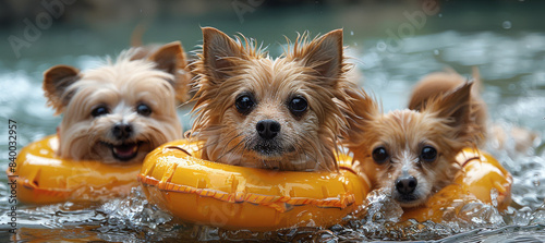 5 cute dogs wearing flotation vests floating in water from hurricane. Generative AI.