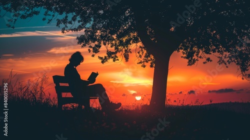 A of a person sitting on a park bench, deeply engrossed in a book