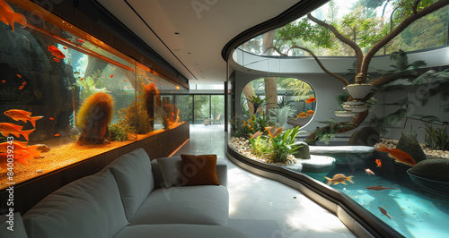 A bougie and posh living room having a huge surreal tropical aquarium with non-buoyant bubbles and exotic fish denizens. Generative AI.