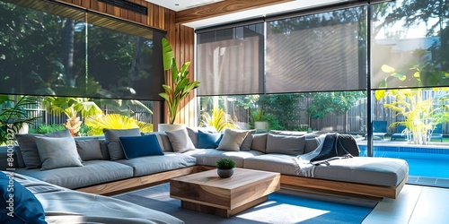 Contemporary blackout roller blinds complemented by high-tech plant pots and motorized curtains. Concept Modern Home Decor, High-Tech Innovations, Smart Living Solutions, Stylish Window Treatments