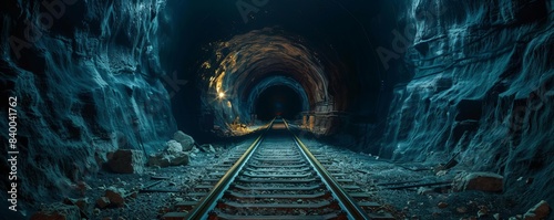 Train tunnel entrance, dark interior, rugged terrain, soft ambient light, wide shot