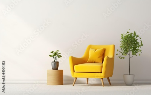 Scandinavian indoor design. Warm toned living room interior wall mockup with a yellow armchair and a background of a white wall, green plants. AI Generative.