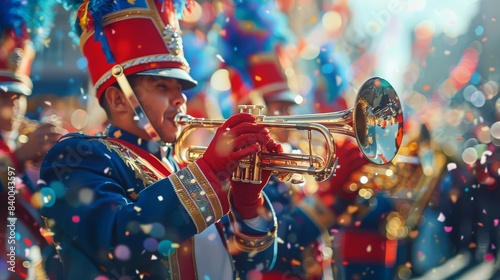 Colorful marching band performing in a lively parade with bright uniforms, musical instruments, and festive atmosphere.