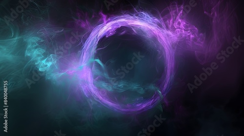purple and teal thin whispy cloud tendril circle on a black background floor