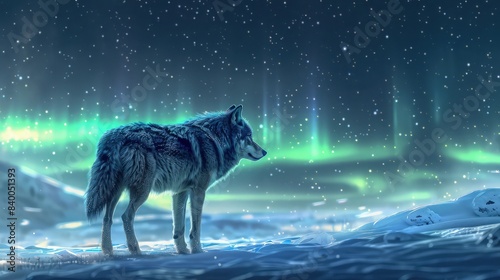 A majestic wolf, its fur pattern mirroring the Milky Way, standing in a snowy landscape under the northern lights, which reflect its cosmic essence.