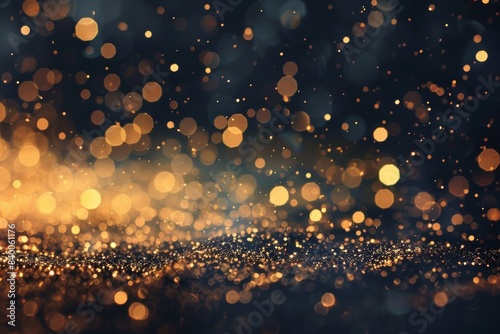 Black background with golden bokeh particles and glitter on the right side. Abstract glittering lights for elegant design, dark background, with golden dust, and shine, luxury texture, glitter effect