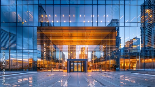 Calgary city entrance of an office building with mirrored glass walls, illuminated lights, and a cloudless blue sky with generative AI