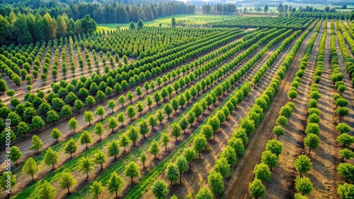 Rows of saplings in a reforestation area, showcasing sustainable ecosystem regeneration from above, reforestation, sustainability, saplings, trees, organized rows, bird's eye view