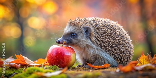 Wild hedgehog holding apple in autumn forest, wild, hedgehog, apple, autumn, forest, cute, animal, nature, wildlife, spiky, leaves, fall, seasonal, foliage, outdoors, forage, prickly