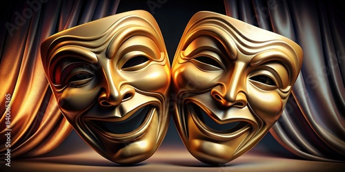 Image of happy and sad theatrical masks , theater, performance, emotions, contrast, drama, comedy, tragedy, symbols, duality, masks, expressions, theater props, facade, artificial, fake