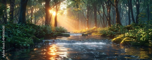a beautiful stream in the morning light in a summer forest