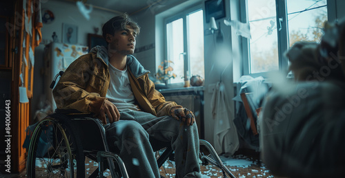 A young man sitting in a wheelchair, wearing a dirty tracksuit. He is depressed and lonely. He is sitting staring out of a window in his grey apartment. Generative AI.