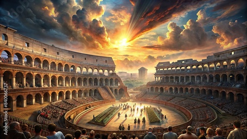 Digital rendering of an ancient coliseum with spectators under a dramatic sky , ancient, coliseum, architecture, digital, rendering, spectators, dramatic, sky, historical, ruins, stone