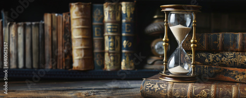 hourglass on top of an old book, symbolizing the passage of time and history.