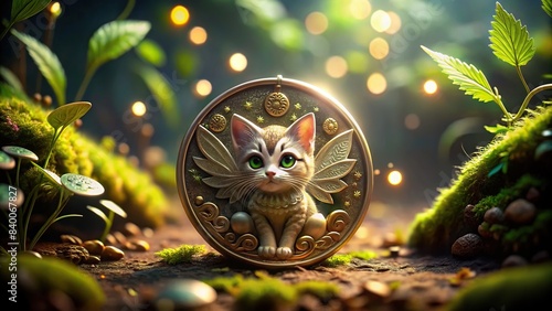 Coin Lucky Fairy Cat in a whimsical setting , lucky, coin, cat, fairy, magical, cute, whimsical, fantasy, charm, mystical, paw, wings, feline, adorable, enchanting, belief, superstition
