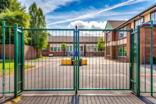 Closed school entrance with locked gates and empty playground , closed, school, entrance, locked, gates, empty