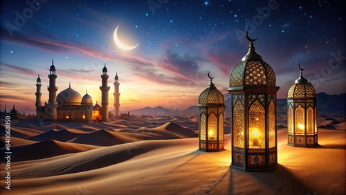 Ramadan Kareem-themed background with lanterns standing in the desert under a night sky, featuring an Islamic Mosque, Ramadan, Kareem, lantern, desert, night sky,background, Islamic, Mosque