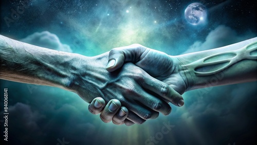 Two alien hands clasping each other in a handshake gesture , handshake, greeting, extraterrestrial