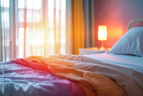 Cozy bedroom with soft lighting and a colorful blanket on the bed, creating a warm and inviting atmosphere by the window with sheer curtains.