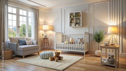 Tranquil and cozy bedroom scene with a baby crib and soft toys , motherhood, infancy, love, tenderness, peaceful, comfort, family, newborn, parenting, sleep, relaxation, bonding, nursery