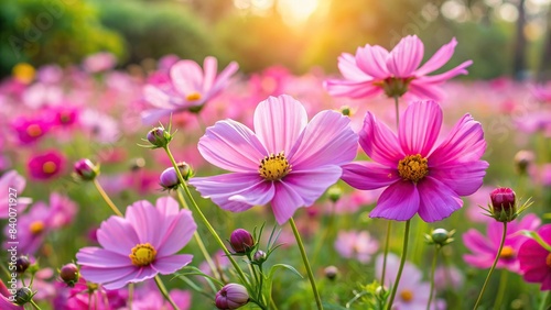 Pink cosmos flowers blooming in a beautiful garden, pink, cosmos, flowers, blooming, garden, nature, floral, background, spring, summer, vibrant, colorful, petals, close-up, botanical, beauty