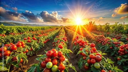Vibrant tomato field under the summer sun, Agriculture, farm, ripe, red, green, plants, nature, growth, harvest, summer, countryside, rural, plantations, fresh, organic, juicy, leaves