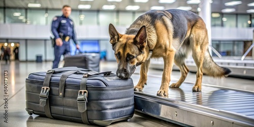 A police dog sniffing for drugs in luggage at the airport , police dog, drug detection, airport security, customs, baggage inspection, sniffing, detection, law enforcement, narcotics, canine