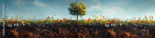 A tree in a field of flowers under the sky creates a beautiful landscape