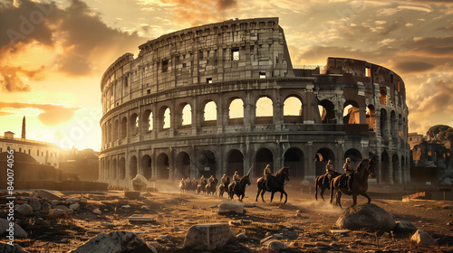 A group of people riding horses in front of a large building. Scene is one of adventure and excitement