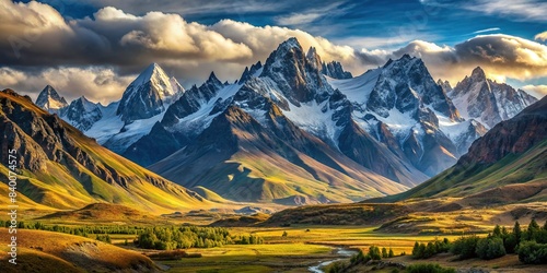 Majestic mountain range with sharp peaks and contrasting valleys, rugged, mountains, jagged, peaks, valleys, nature, landscape, wilderness, topography, rocky, scenic, majestic, outdoors